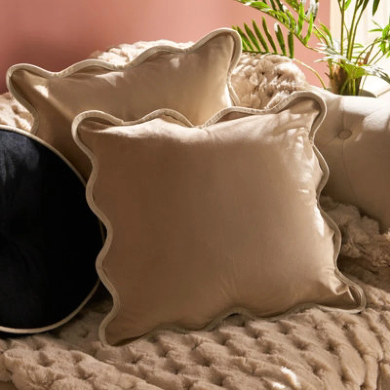 Image of OHS OHS 2 Pack Matte Velvet Scallop Edge Cushion Covers Home Decor Set in Natural Size: 45cm x 45cm Natural 45cm x 45cm Unisex 5027434226245