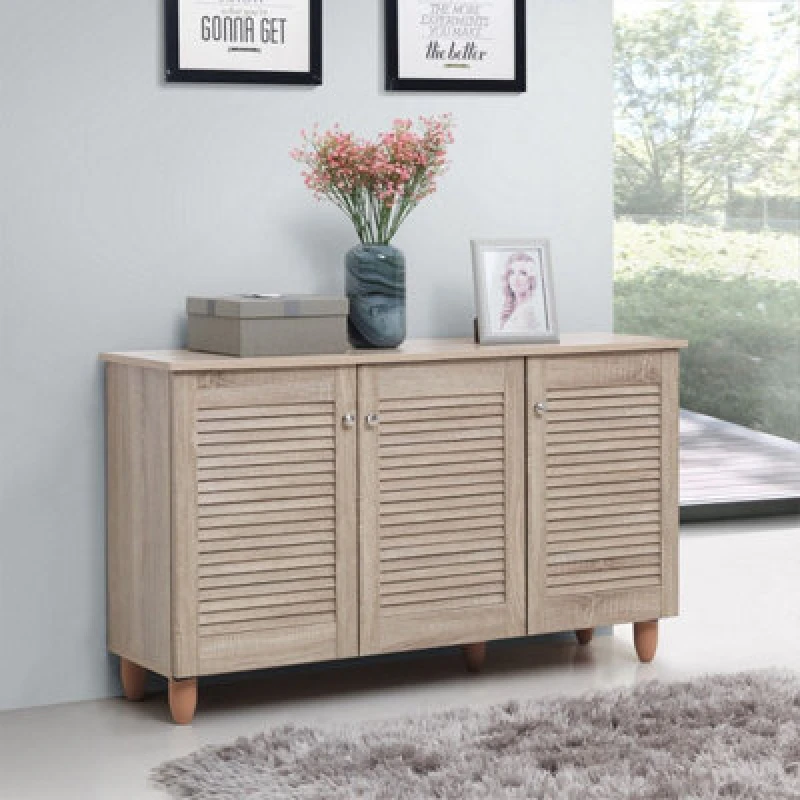 Image of Timber Art Design Modern Shoe Storage Cabinet 3 Doors Footwear Stand Rack Unit Cupboard Sonoma Oak