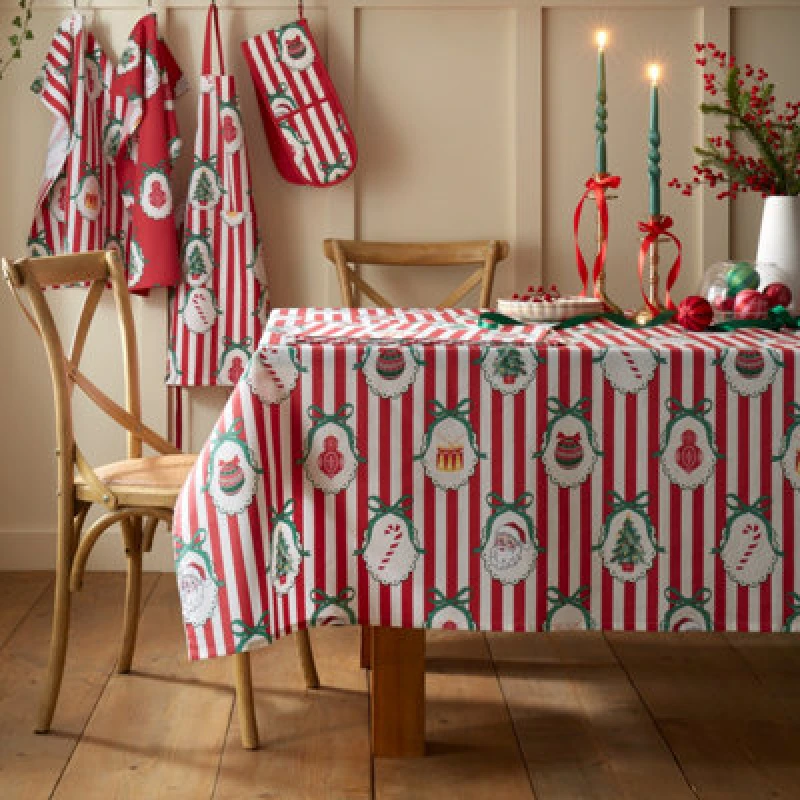 Image of Catherine Lansfield Christmas Vintage Stripe Cotton 137X178Cm Table Cloth Red