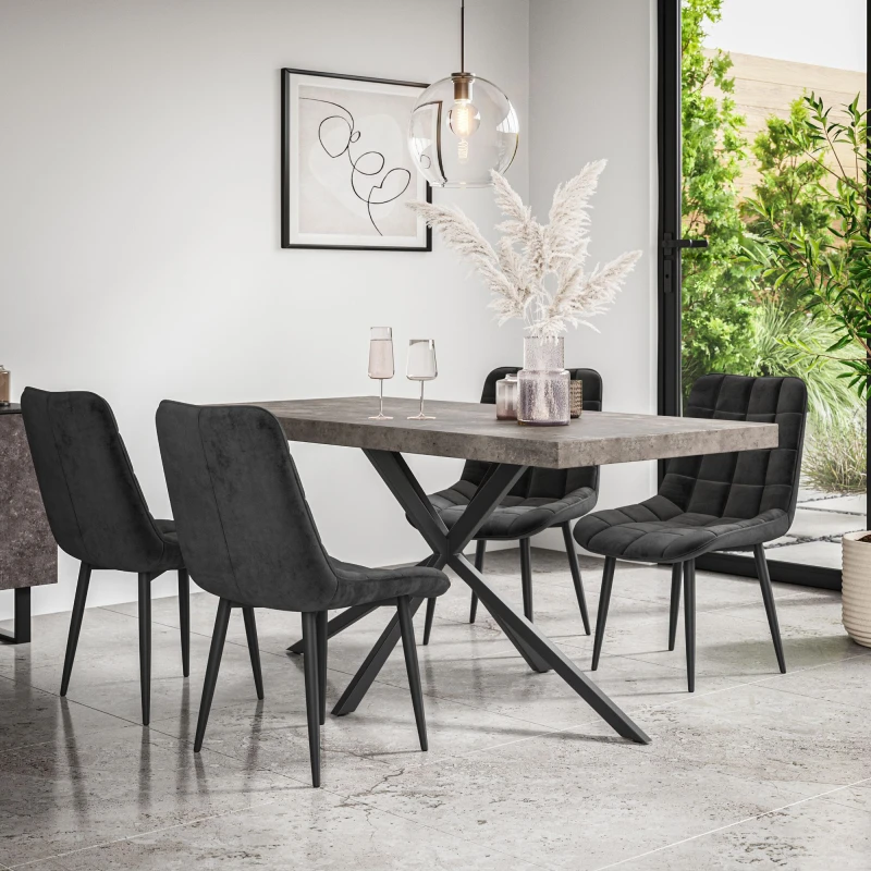 Image of More4Homes Donni Dining Table And Chairs - Concrete Effect Table Top W Black Legs + Nova Velvet Dining Chair Set Of 4 (Black)