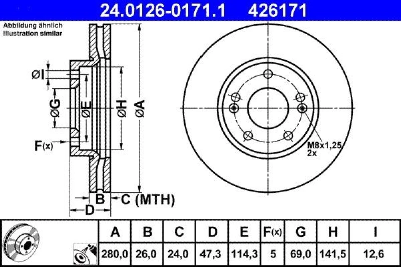 Image of ATE 24.0126-0171.1 Brake disc Vented, Coated, Alloyed/High-carbon Brake Disc (82)