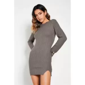 I Saw It First Crew Neck Button Detail Jumper Dress - Grey