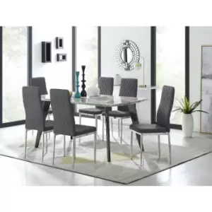 Image of Furniturebox Andria Black Leg Marble Effect Dining Table and 6 Grey Velvet Milan Dining Chairs With Silver Legs