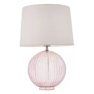 image of Table Lamp Dusky Pink Ribbed Glass & Vintage White Linen 40W E27 GLS