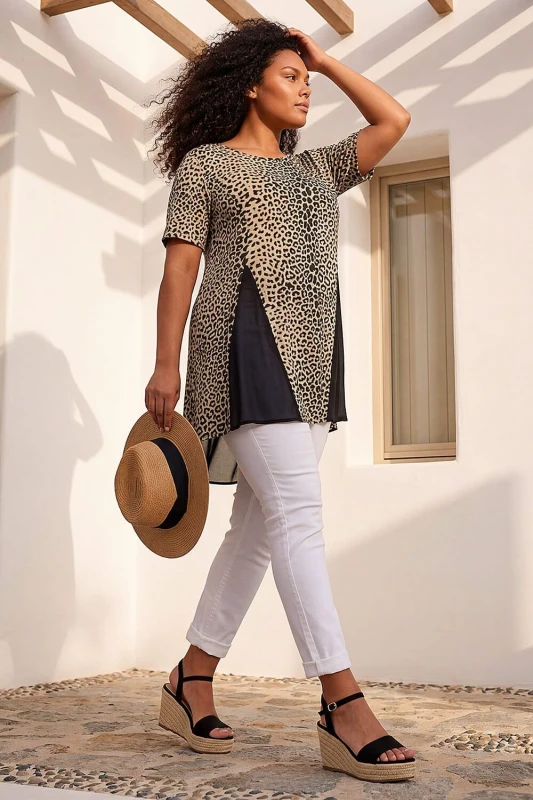 Image of Roman Womens Curve Animal Print Mesh T-Shirt in Natural Size: 18 Natural Female 18