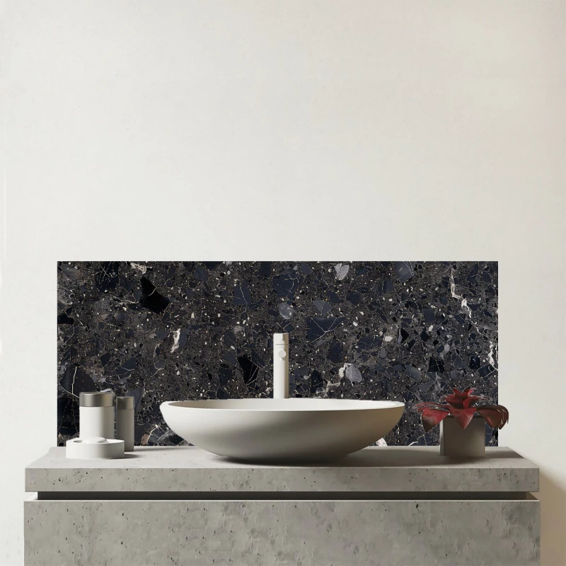 Image of Warren Reed - Designer Dark Grey Quartz Effect Glass Bathroom Splashback Grey Unisex