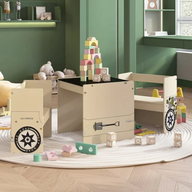 Image of VIDAXL 3 Piece Kids Table and Chair Set Off-road Car Design MDF vidaXL 8720286669464