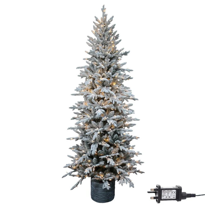 Image of Shatchi 4ft/1.2m Pre Lit Piedmont Pine Snow Flocked Christmas Tree with 90 Warm White LED in Grey Size: 4ft Grey Unisex 4ft