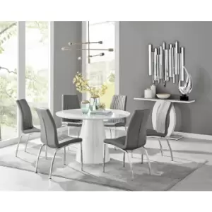 Image of Furniturebox Palma White High Gloss 6 Seat Minimalist Post Modern Round Dining Table& 6 Grey Isco Faux Leather Chairs