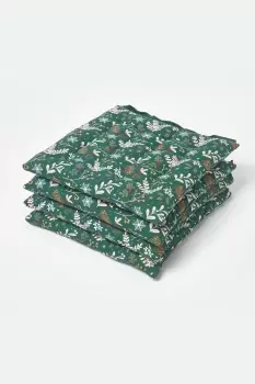 image of Festive Forest Green Christmas Seat Pad Cotton Set of 4