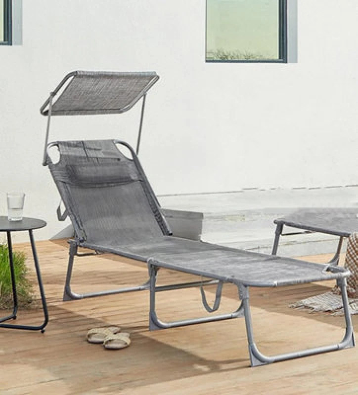 Image of Songmics Reclining Sun Chair With Adjustable Backrest, Folding Deck Chair Sun Lounger, With Sunshade Headrest, Greige