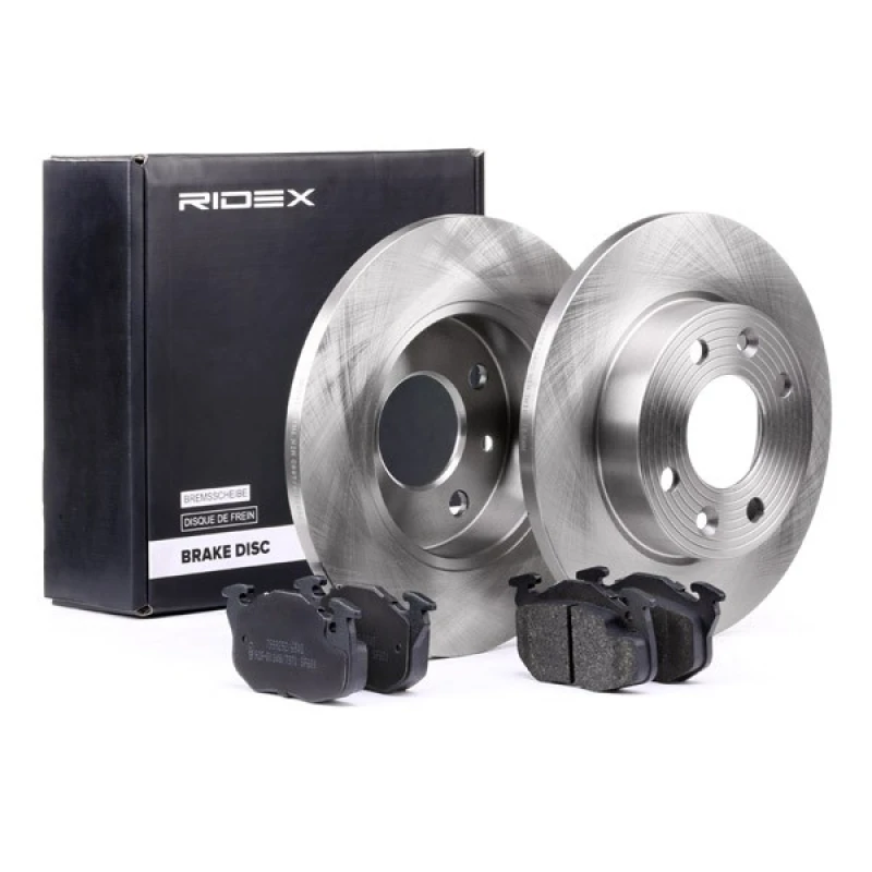 Image of RIDEX 3405B0225 Brake disc and pads set Front Axle, Brake Disc Type: Solid, incl. wear warning contact Brake Set,disc brakes (3405)