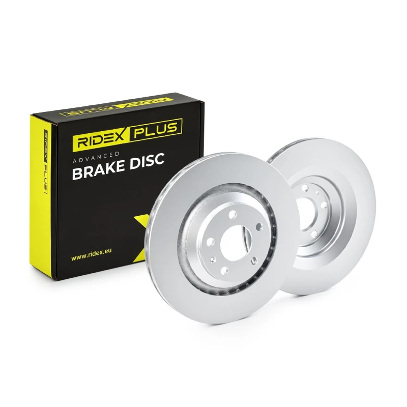 Image of RIDEX PLUS 82B0475P Brake disc Rear Axle, Vented, Grey Cast Iron, Coated, High-carbon, with bolts/screws Grey Cast Iron Brake Disc (82)