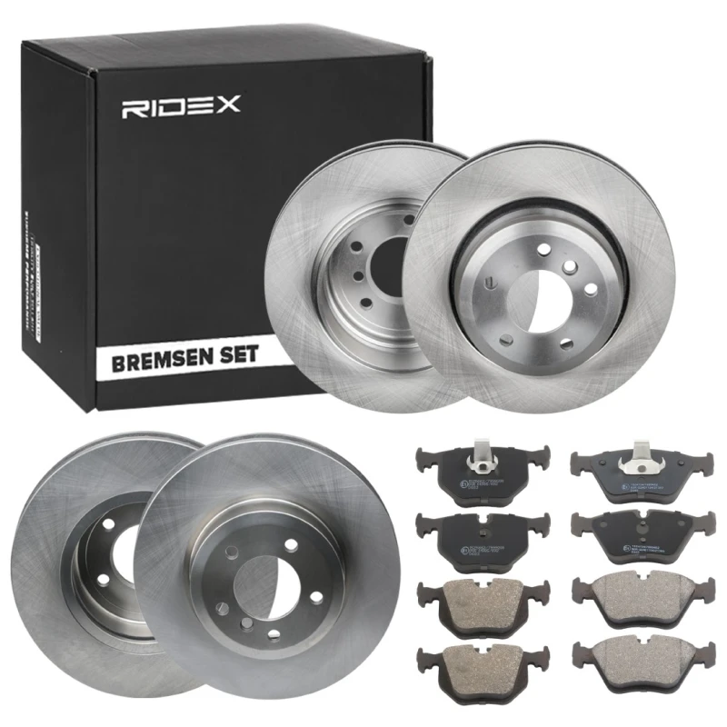 Image of RIDEX 3405B1735 Brake disc and pads set Rear Axle, Brake Disc Type: Vented, prepared for wear warning indicator, with anti-squeak plate Brake Set,dis