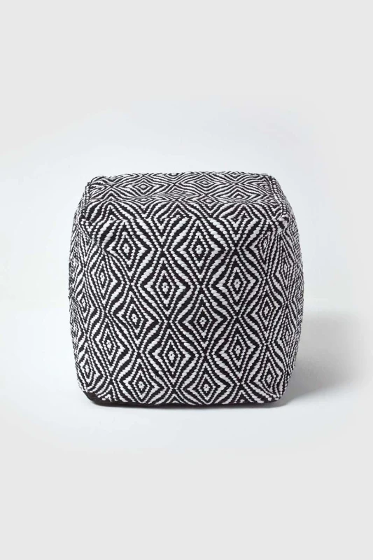 Image of Homescapes Trance Black And White Diamond Pattern Recycled Fibre Square Bean Filled Pouffe, 40 Cm