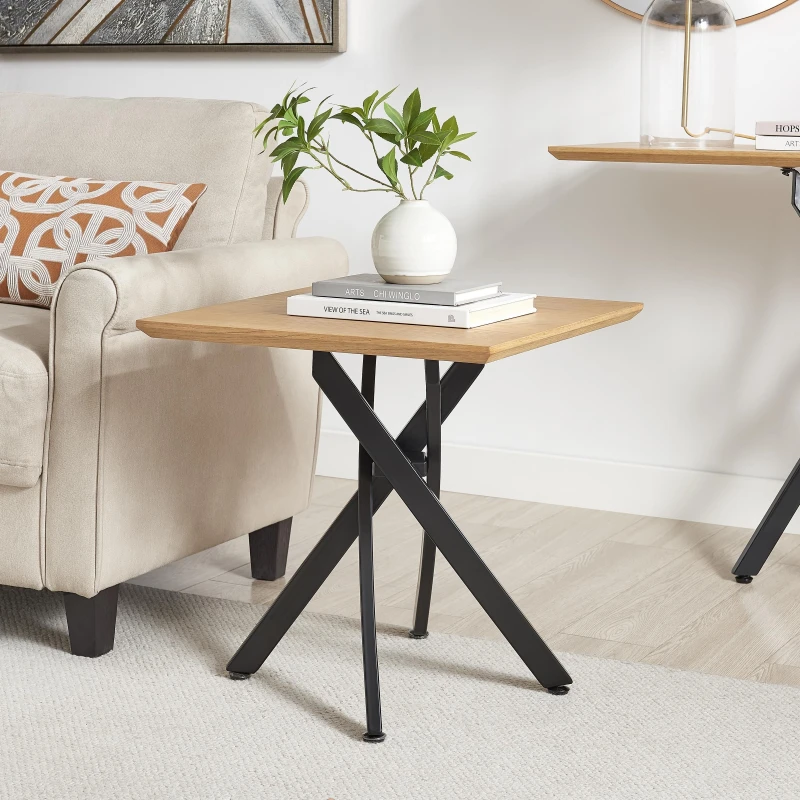 Image of FurnitureboxUK FurnitureboxUK Leonardo Square Oak Veneer and Black Side Table in Light Oak Light Oak One Size Unisex 5056784308172