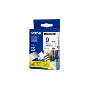 Image of Brother TZE-223 P-touch Blue on White Tape 9mm x 8m