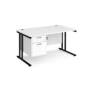 image of Office Desk Rectangular Desk 1400mm With Pedestal White Top With Black Frame 800mm Depth Maestro 25 MC14P2KWH