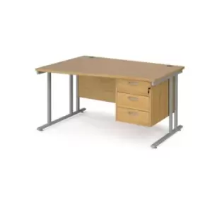 image of Office Desk Left Hand Wave Desk 1400mm With Pedestal Oak Top With Silver Frame Maestro 25 MC14WLP3SO