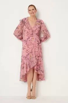 Image of Pink Botanical Ruffle Neck Wrap Dress