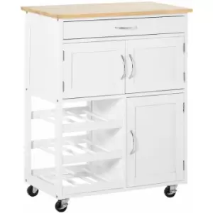 Image of Rolling Kitchen Island Trolley Storage Cart with Rubberwood Top Wine Rack - White - Homcom