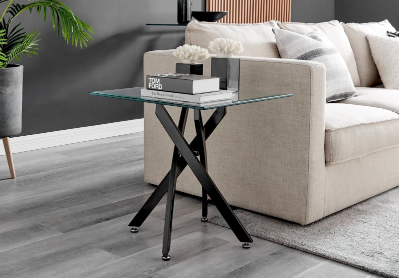 Image of FurnitureboxUK FurnitureboxUK Leonardo Square Glass Side End Bedside Table with Metal Angled Starburst Legs for Modern Living Rooms in Black One