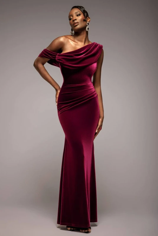 Image of Goddiva Womens Cowl One Shoulder Velvet Maxi Dress in Burgundy Size: 14 Burgundy Female 14
