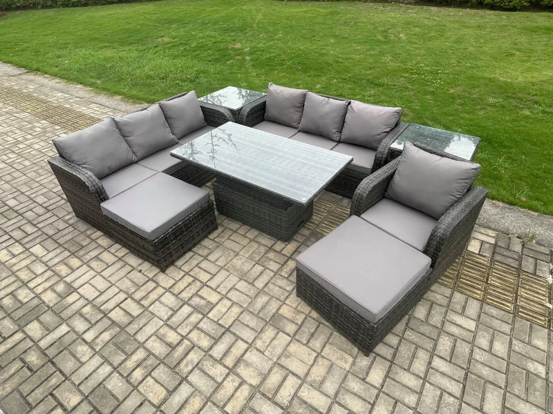 Image of Fimous 9 Seater PE Rattan Outdoor Garden Furniture Sets Height Adjustable Rising lifting Dining Table Sofa Set with 2 Side Tables Reclining Chair Dark
