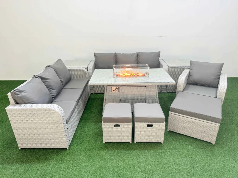 Image of Fimous 10 Seater Poly Rattan Outdoor Garden Furniture Firepit Dining Table Sofa Set Patio 3 Seater Sofa Reclining Chair 3 Seater Sofa 3 Stools 2 Side