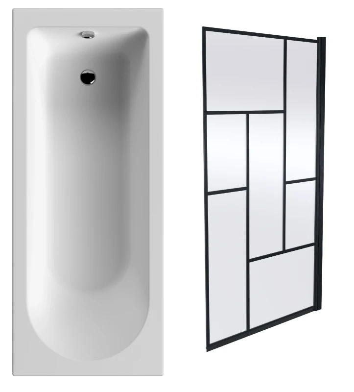 Image of Balterley Round Single Ended Bath and Black Abstract Bath Screen 1700 x 700mm Black