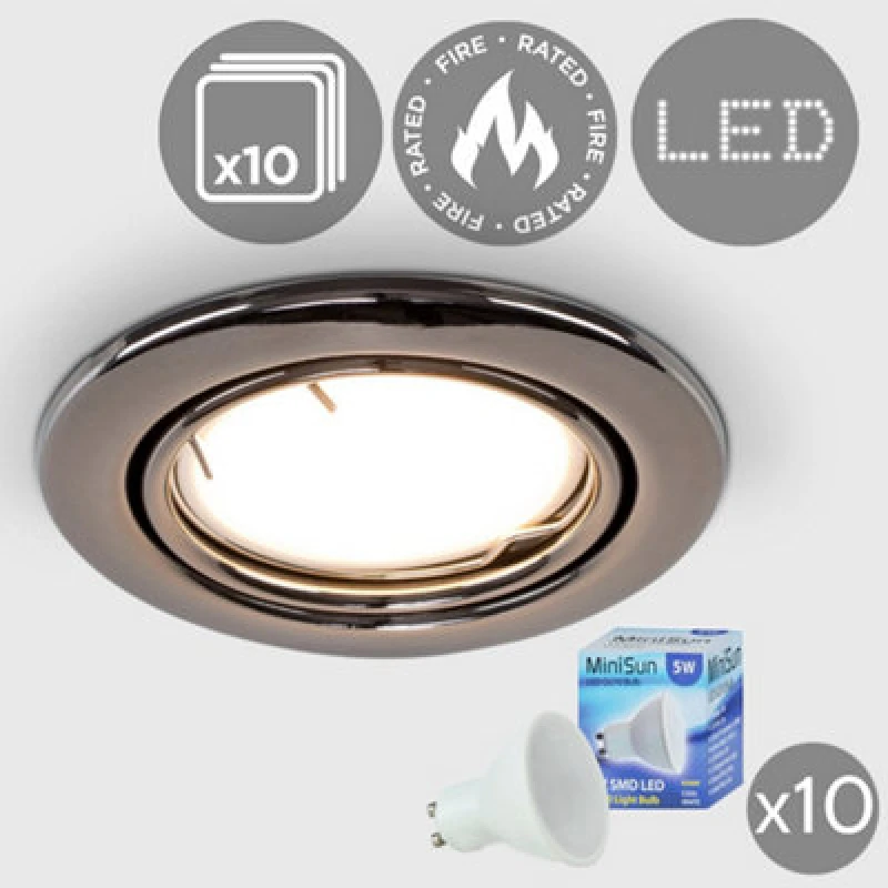 Image of ValueLights Downlight Tiltable Fire Rated Ceiling Light Fitting 10 Pack With Cool White Bulbs Black