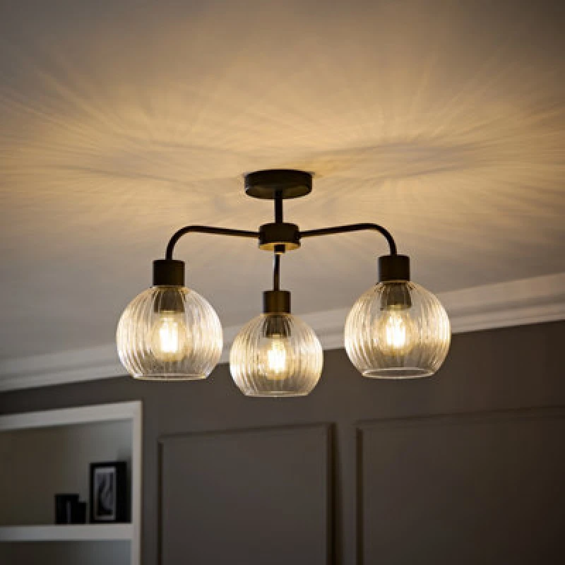 Image of Valuelights Maddison Clear Ribbed Glass Globe Shades Matte Black 3 Arm Ceiling Light