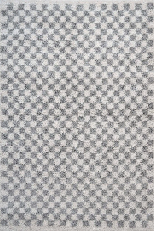Image of THE RUGS Moodi Chequered Shaggy Soft High Pile Living Room Rug & Runner in Grey Size: 80cm x 150cm Grey Unisex 80cm x 150 cm