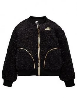 Image of Nike Girls NSW Sherpa Shine Full Zip Bomber Jacket - Black/Gold, Size XS, Women