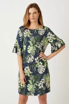 Image of Navy Tropical Frill Sleeve Jersey Shift