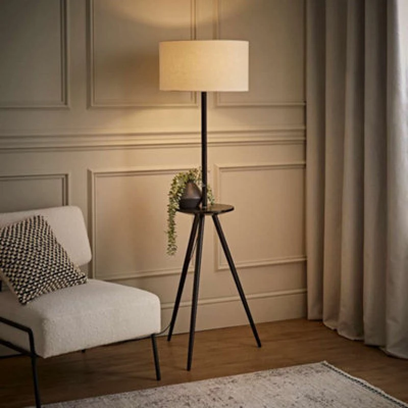Image of ValueLights ValueLights Desmond Side Table Tripod Floor Lamp with Natural Linen Lamp Shade in Black One Size Unisex 5016529273684