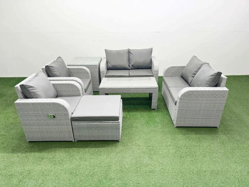 Image of Fimous 7 Seater Outdoor Reclining Chair Love Sofa Set Rattan Garden Furniture Set with Oblong Coffee Table Footstool Side Table Light Grey Light Grey