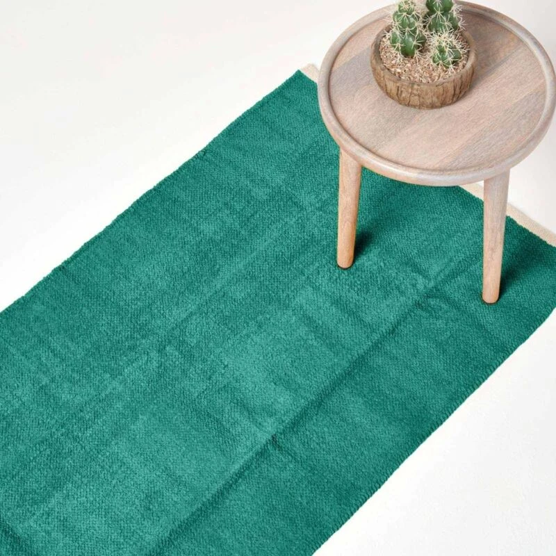 Image of Homescapes 100% Cotton Plain Chenille Hall Runner, 66 x 200cm Green