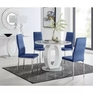 Image of Furniturebox Giovani Grey 100cm Round Dining Table and 4 Navy Velvet Milan Dining Chairs With Silver Legss