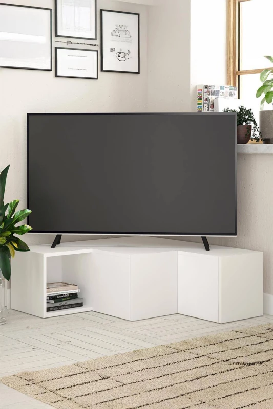 Image of FWStyle 2 Drawer Corner TV Unit Modern Design Painted White Scratch Resistant White