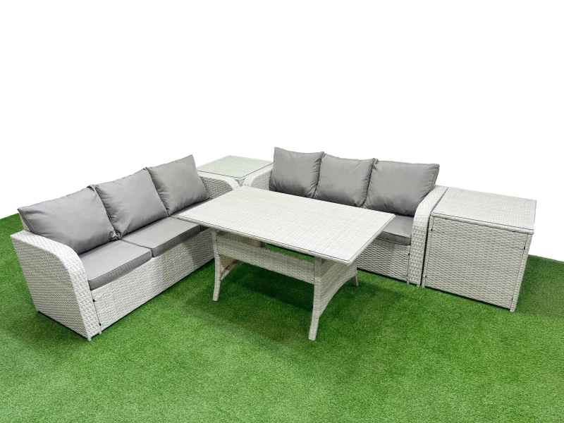 Image of Fimous Outdoor Garden Furniture Sets 6 Seater Wicker Rattan Furniture Sofa Sets with Rectangular Dining Table high Back Lounge Sofa 2 Side Table Light