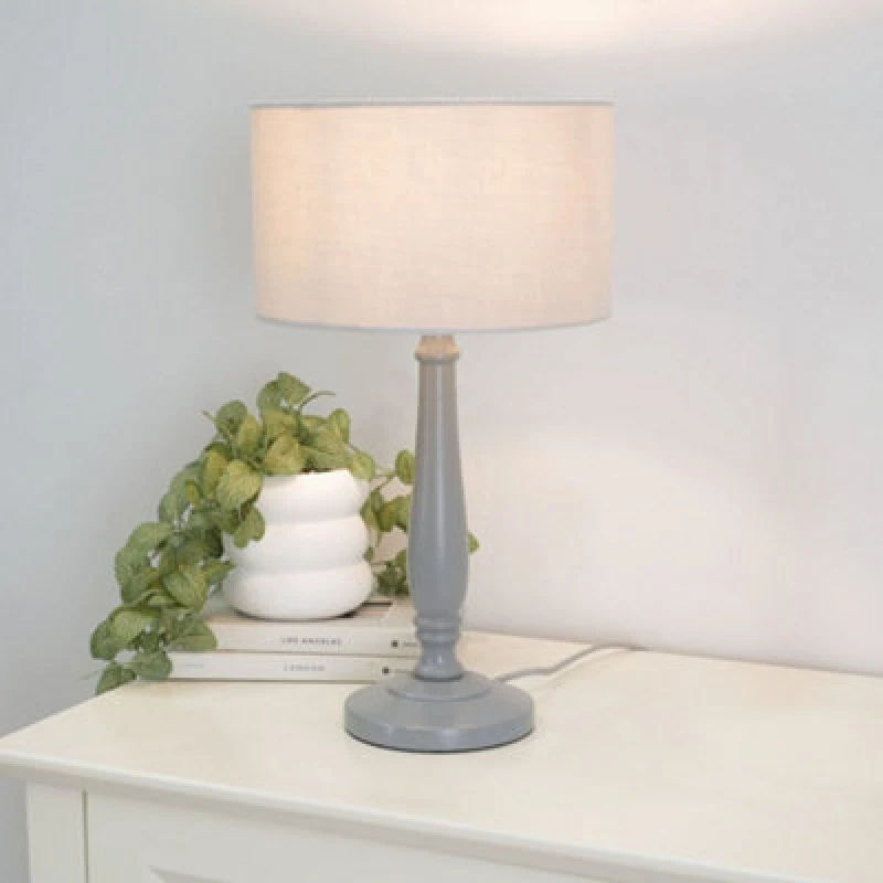 Image of ValueLights Victoria Grey Wood Traditional Table Lamp with Fabric Drum Shade and LED Bulb Grey