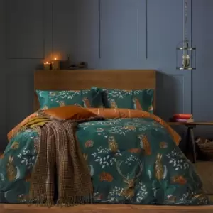 Image of Furn. Riva Forest Fauna Emerald Duvet Cover and Pillowcase Set Green, Brown and White