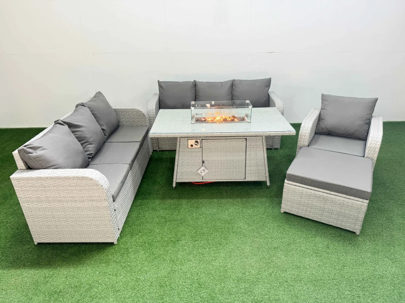 Image of Fimous 8 Seater Poly Rattan Outdoor Garden Furniture Firepit Dining Table Sofa Set Patio 3 Seater Sofa Reclining Chair 3 Seater Sofa Big Footstool Lig