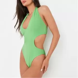 image of Missguided Crinkle Tie Back Cut Out Swimsuit - Green