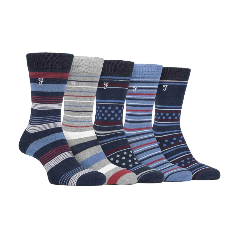 Image of Farah Mens 5 Pair Farah Plain, Striped and Patterned Everyday Bamboo Socks Dark Blue