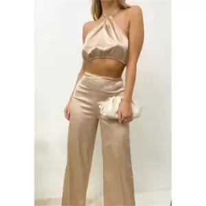 image of I Saw It First Champagne Petite High Waisted Wide Leg Trousers - Nude