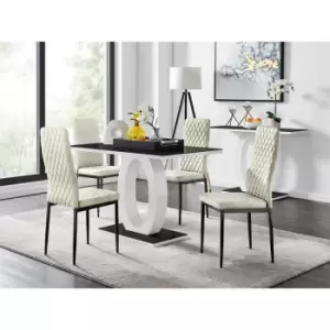 Image of Furniturebox UK - Furniturebox Giovani 4 Black Dining Table & 4 Cream Milan Velvet Dining Chairs With Black Legs Diamond Stitch Modern Contemporary