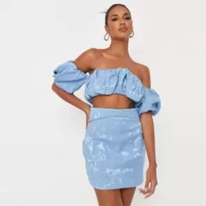 Missguided Coord Ruched Bardot Crop Top Jacquard - Blue