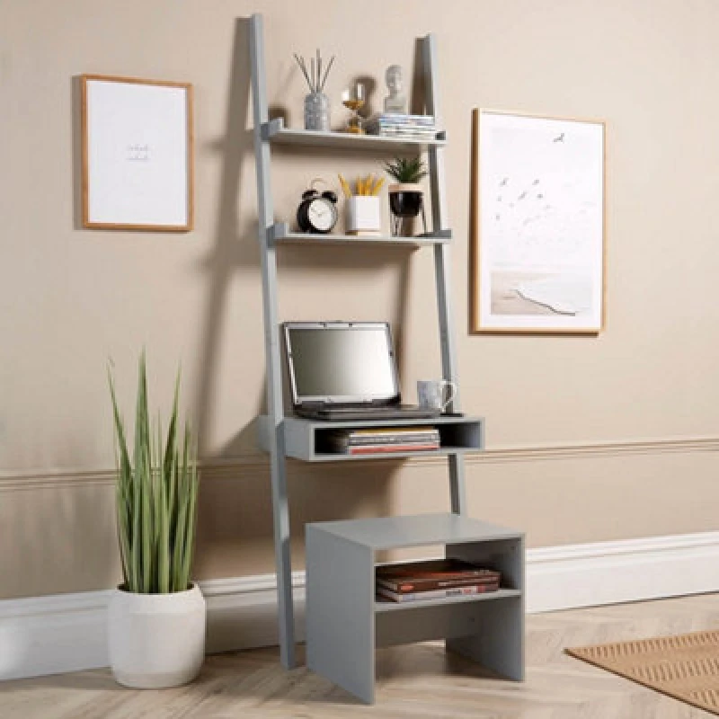 Image of Home Source Ladder Shelf Laptop Office Desk And Stool Set Grey